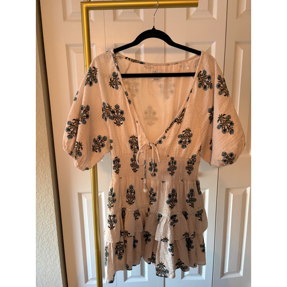 Anthropologie Saylor Dress Floral Smocked Mini Cotton Tiered Ruffle Size L